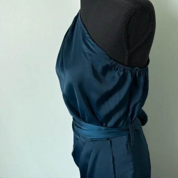 One-Shoulder Teal Blue Satin Dress - Picture 6 of 7